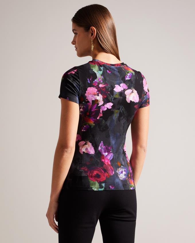 T-Shirt Ted Baker Painted Floral Print Fitted Noir Femme | TIO-56276963